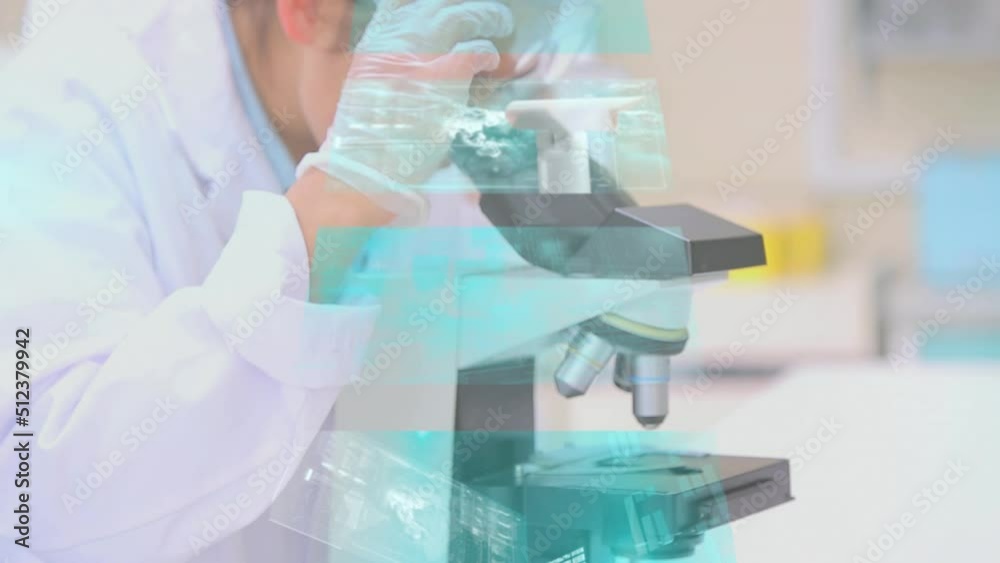 Poster animation of data processing over caucasian female scientist using microscope