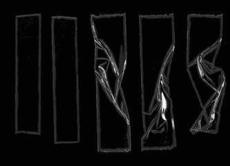 illustration of transparent adhesive tape or strips on black background, crumpled plastic sticky snips. outline graphic.