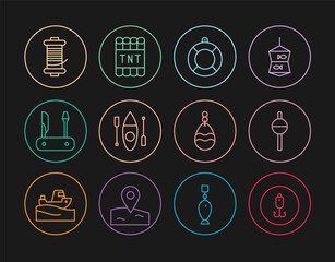 Set line Fishing hook, float, Lifebuoy, Kayak or canoe, Swiss army knife, Spinning reel for fishing, spoon and Detonate dynamite bomb stick icon. Vector
