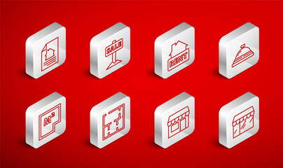 Set line Market store, Hanging sign with Sale, Rent, Hotel service bell, House contract, plan and icon. Vector