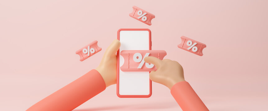 Hand holding smart phone with discount code concept on screen. Isolated on pink background, gift voucher and bonus for purchase. online shopping with sale coupon, mobile app promotion, 3d rendering