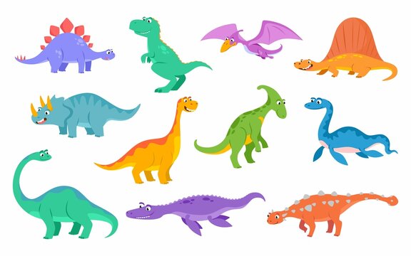 Set of funny dinosaurs in cartoon style for children. Different happy baby dinos. Tyrannosaur, triceratops, stegosaurus, brachiosaurus, etc. Vector illustration isolated on white background.