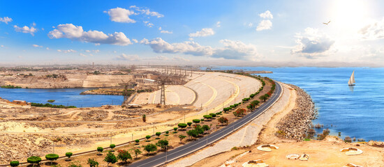 Aswan High Dam view, beautiful sunny panorama, Egypt
