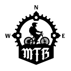 The silhouette of a cyclist and a bicycle star in the form of a compass. Mountain bike logo. Vector illustration.