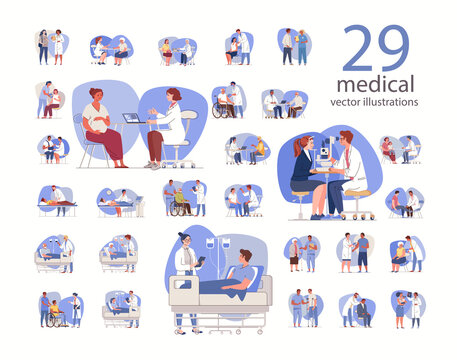 Set of doctors and patients characters. Medical care for elderly and disabled, pregnancy management and pediatrics, diagnosis and treatment. Healthcare concept for children and adults. Vector flat.
