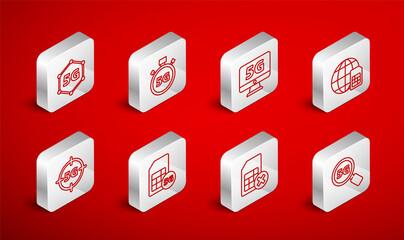 Set line Search 5G network, Digital speed meter, Monitor with, Globe Sim Card, card rejected, and icon. Vector