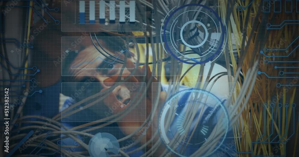 Poster animation of scope scanning and data processing over caucasian it man computer server