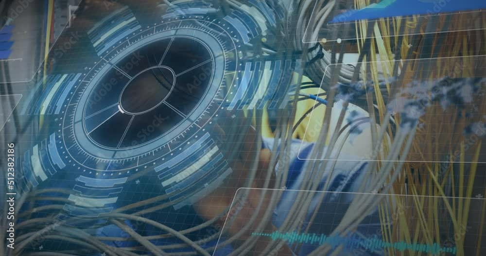 Poster animation of scope scanning and data processing over cables in computer server