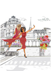 Beautiful girls in hat and red dresses taking selfies in summer. Hand drawn vector architectural background with historic buildings and people. - 512382190
