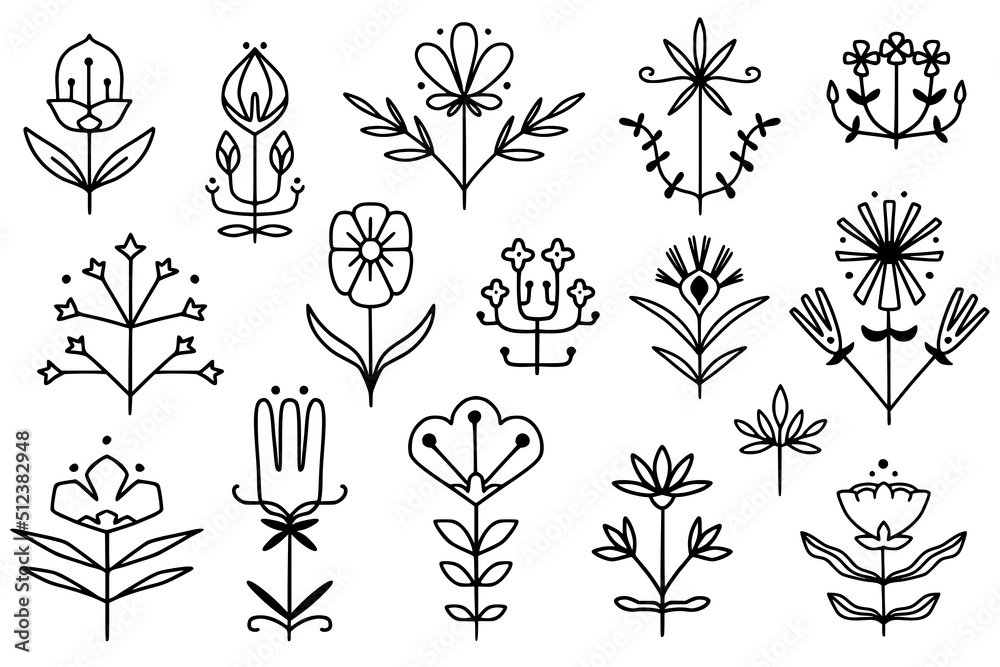 Wall mural Folk style linear simmetrical flowers. Simple hand drawn outline doodle illustration. Stylized decorative floral elements for tatoo, stationery, cards, . Traditional decor. Vector botany set