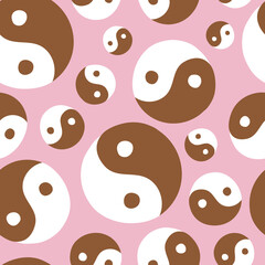 Seamless pattern with cute 00s and 90s asian Yin Yang symbol on pink. Retro glamorous girl style. Flat trendy 2000s y2k texture for textile, paper, fabric. Vector childish surface - 512382917