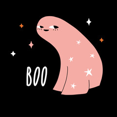 Boo Halloween card, poster with cute ghost. Spooky cartoon spirit. Funny scary kawaii character. Vector flat illustration for t-shirt print, stickers, kids party decoration.