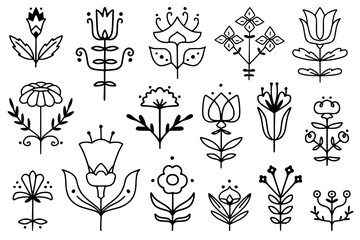 Folk style linear simmetrical flowers. Simple hand drawn outline doodle illustration. Stylized decorative floral elements for tatoo, stationery, cards, . Traditional decor. Vector botany set © Elena