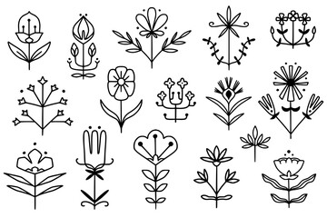 Folk style linear simmetrical flowers. Simple hand drawn outline doodle illustration. Stylized decorative floral elements for tatoo, stationery, cards, . Traditional decor. Vector botany set