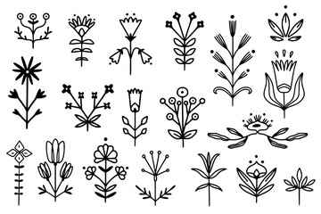 Folk style linear simmetrical flowers. Simple hand drawn outline doodle illustration. Stylized decorative floral elements for tatoo, stationery, cards, . Traditional decor. Vector botany set