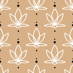 Geometric simple mid century seamless pattern with lotus flowers on beige. Vintage, retro style texture for modern textile, fabric, home decor, wallpaper. Abstract bohemian 60s background. - 512382977