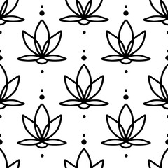 Geometric simple mid century seamless pattern with black on white lotus flowers. Vintage, retro style texture for modern textile, fabric, home decor, wallpaper. Abstract bohemian 60s background.