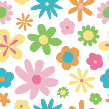 Cute 00s and 90s doodle seamless pattern. Retro glamorous girl style. Flat cartoon simple abstract flowers. Trendy 2000s y2k texture for kid textile, paper, fabric. Vector childish surface for summer