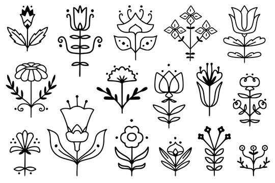 Fototapeta Folk style linear simmetrical flowers. Simple hand drawn outline doodle illustration. Stylized decorative floral elements for tatoo, stationery, cards, . Traditional decor. Vector botany set