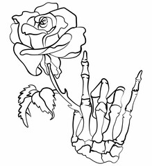 Skeleton hand holding a rose in calligraphic style - obrazy, fototapety, plakaty