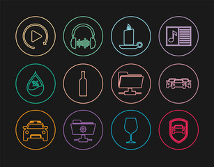 Set line Car protection or insurance, Cars, Burning candle candlestick, Bottle of wine, Water drop percentage, Video play button, FTP folder and Headphone sound waves icon. Vector
