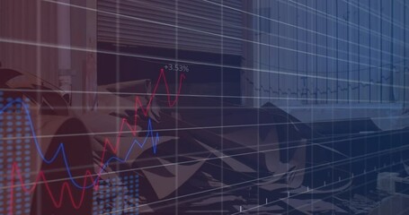 Animation of financial data and graphs over junkyard - Powered by Adobe