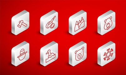 Set line Snowflake, Peameal bacon, Mountains, Beaver animal, Bear head, Wooden axe, Flying duck and Canadian ranger hat icon. Vector