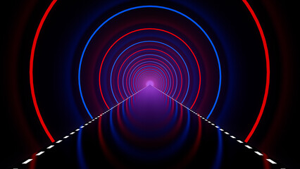 Cyber tunnel with circular neon light arches. Cyberpunk concept 3D rendering.