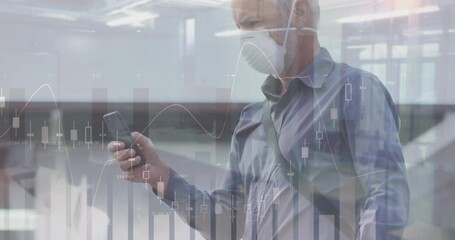 Animation of financial data and graphs over caucasian senior man in face mask using smartphone - Powered by Adobe