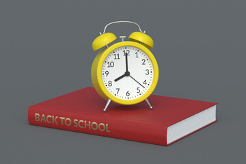 Alarm clock on book with inscription back to school. Education concept. 3d render