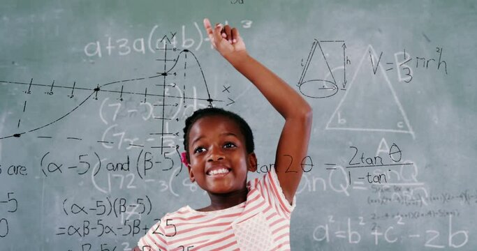 Animation of math formulas over happy african american boy reporting to reply
