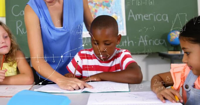 Animation of math formulas over happy caucasian female teacher and diverse children at school