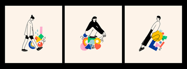 People in different poses and various geometric shapes. Outline characters, colorful abstract figures. Different mood, positions. Hand drawn Vector illustrations. Person sitting, lying, walking