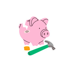 Piggy bank. Broken pig, coins, hammer. Earning money, savings, investment, business advertising concept. Hand drawn isolated modern Vector illustration