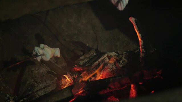 roating mashmallow candy on the firewood heat while camping.