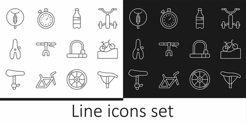 Set line Bicycle seat, Mountain bicycle, Sport bottle with water, handlebar, lock and Stopwatch icon. Vector - obrazy, fototapety, plakaty