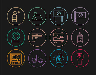 Set line Raised hand with clenched fist, Pepper spray, Protest, Pistol or gun, Lying burning tires, Air horn, Road barrier and camp icon. Vector