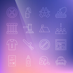 Set line Police car and flasher, Broken window, Crowd protest, Gas mask, Judge gavel, Prison, X Mark, Cross circle and Protest camp icon. Vector