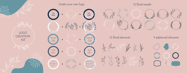 Logo creation kit. Set of the hand-drawn botanical wreaths. Organic themed frames. Create your own logo.
