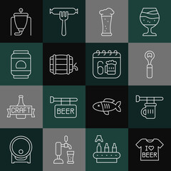 Set line Beer T-shirt, Signboard with glass of beer, Bottle opener, Glass, Wooden barrel on rack, can, brewing process and Saint Patricks day calendar icon. Vector