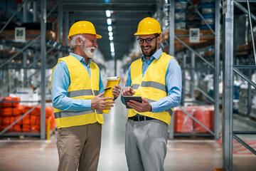 Two employees with tablet at logistics center warehouse