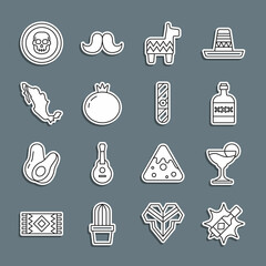 Set line Tabasco sauce, Margarita cocktail, Tequila bottle, Pinata, Tomato, Map of mexican, Mexican skull coin and Cigar icon. Vector