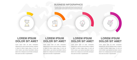 Fototapeta premium Vector infographic design template. Modern concept with four steps. Creative timeline with graph elements, percentage circles and icons. Performance analysis in percent