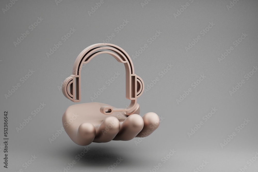 Poster beautiful abstract illustrations golden hand holding musical big headphones with microphone symbol i