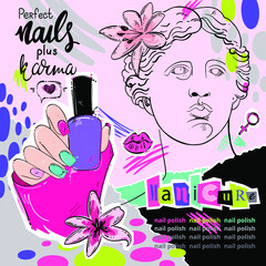 Vector abstract illustration of a hand with nail polish. Trippy background in collage technique. Illustration of Greek statue of Venus de Milo in creative psychedelic style. Fashion art.