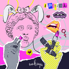 Vector abstract illustration of Greek statue of Venus de Milo in creative psychedelic style. Fashion art. Hands with a brush for shadows, blush and a brush for mascara. Makeup