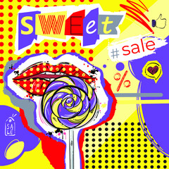 Vector abstract illustration with lips and lollipop in collage style. Bright background in psychedelic style. Sweet sale.