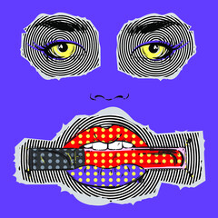 Vector abstract illustration with lips with lipstick and eyes in collage technique. Bright background in psychedelic style. Magazine clippings, pop-art. Trippy