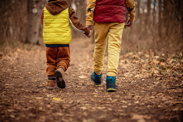 Children hiking in forest