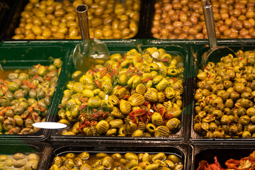 Varieties of green olives sold in the market